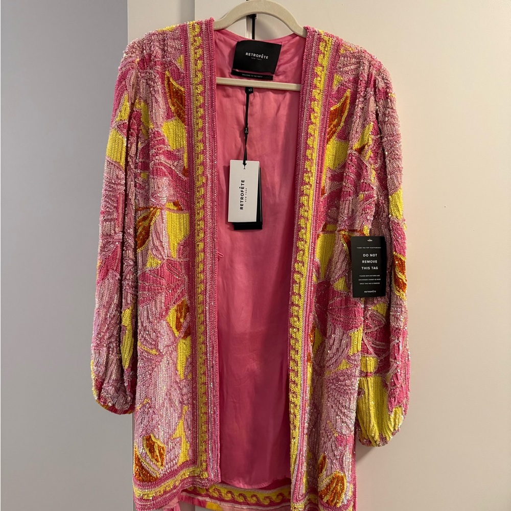 Retrofete Pink and Yellow Beaded Embroidered Wrap Dress